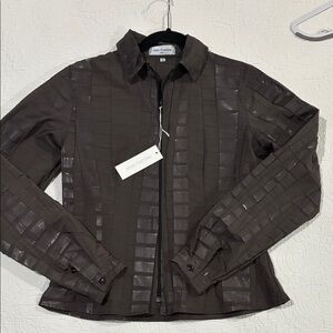 Anne Fontaine Dark Brown Shimmer Geometric Pattern Lightweight Zip Shirt Jacket